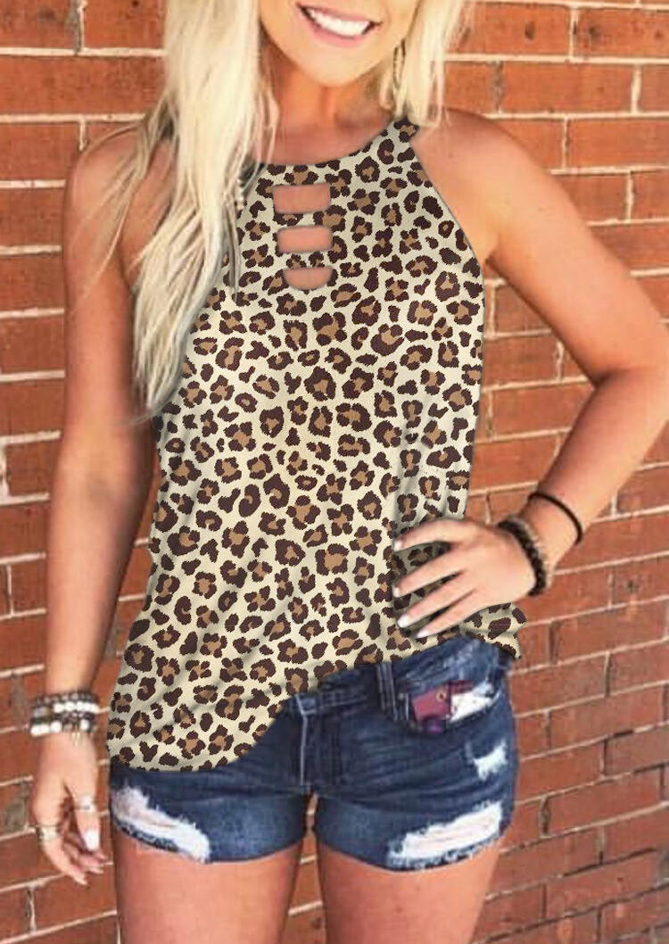 Leopard Hollow Out O-Neck Tank