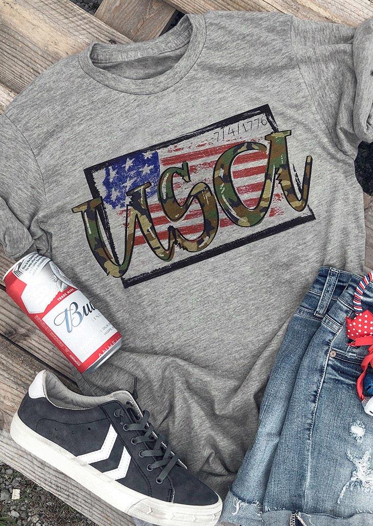 

Tees T-shirts USA American Flag T-Shirt Tee - Gray. Size