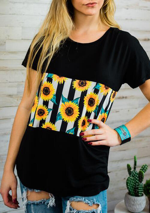 

Tees T-shirts Sunflower Striped Splicing T-Shirt Tee in Black. Size