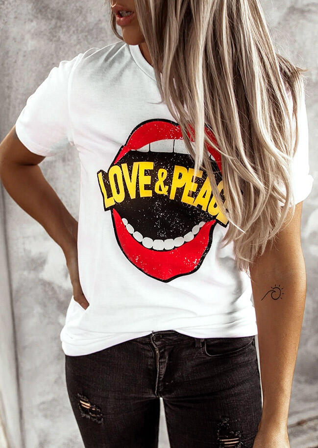 

Love & Peace Lips T-Shirt Tee - White, 470375