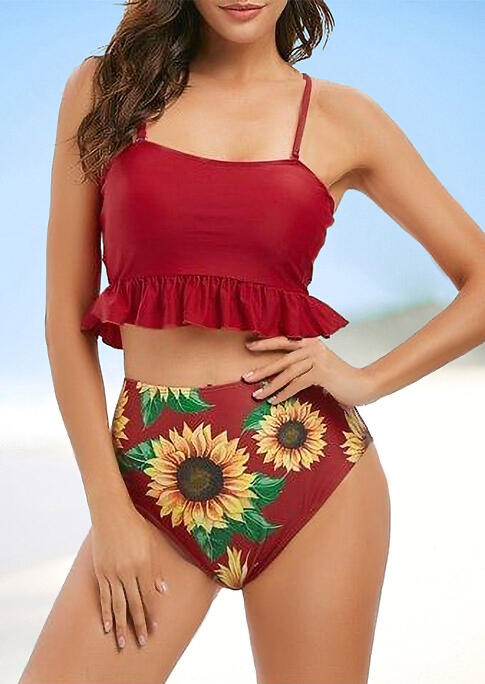 

Bikini Sets Presale - Sunflower Ruffled Bikini Set - Red. Size: S,M
