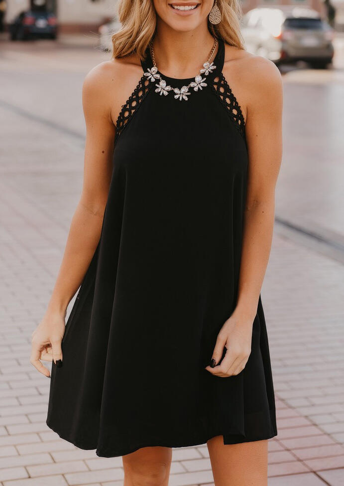 

Lace Splicing Open Back Halter Mini Dress without Necklace - Black, 470405