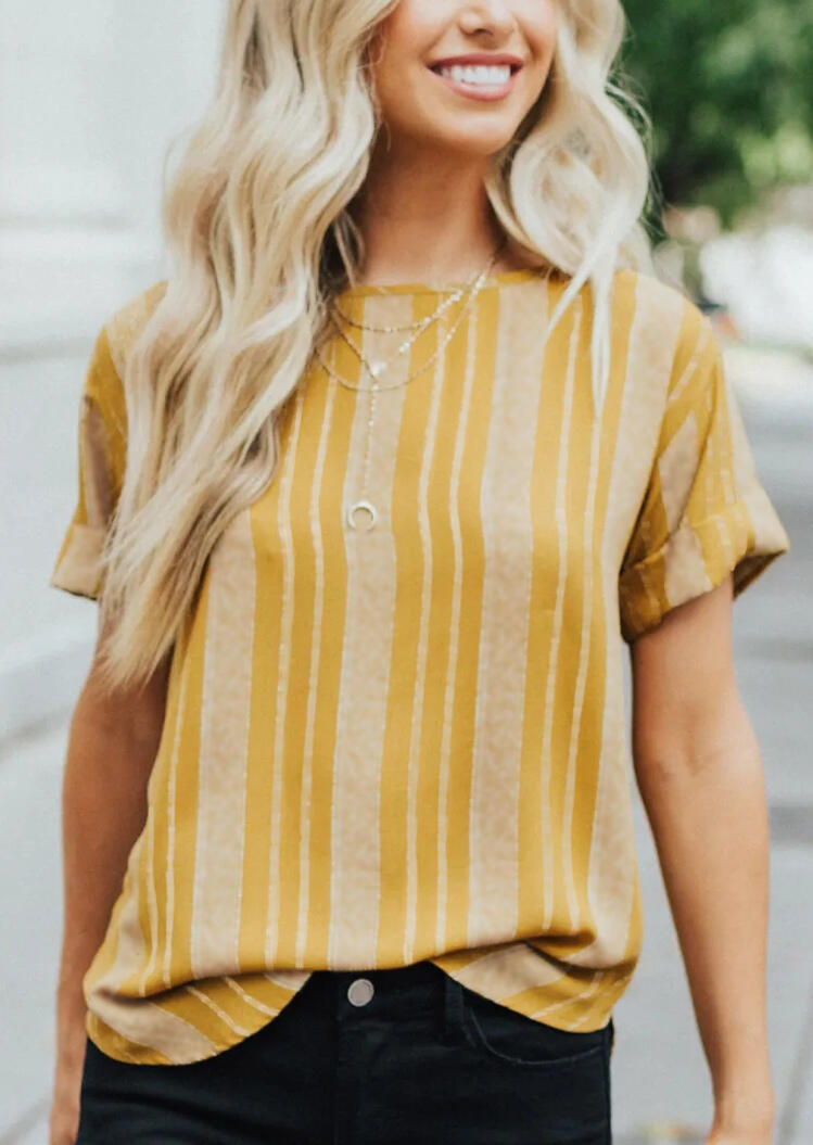 

Tees T-shirts Striped Splicing T-Shirt Tee without Necklace in Yellow. Size