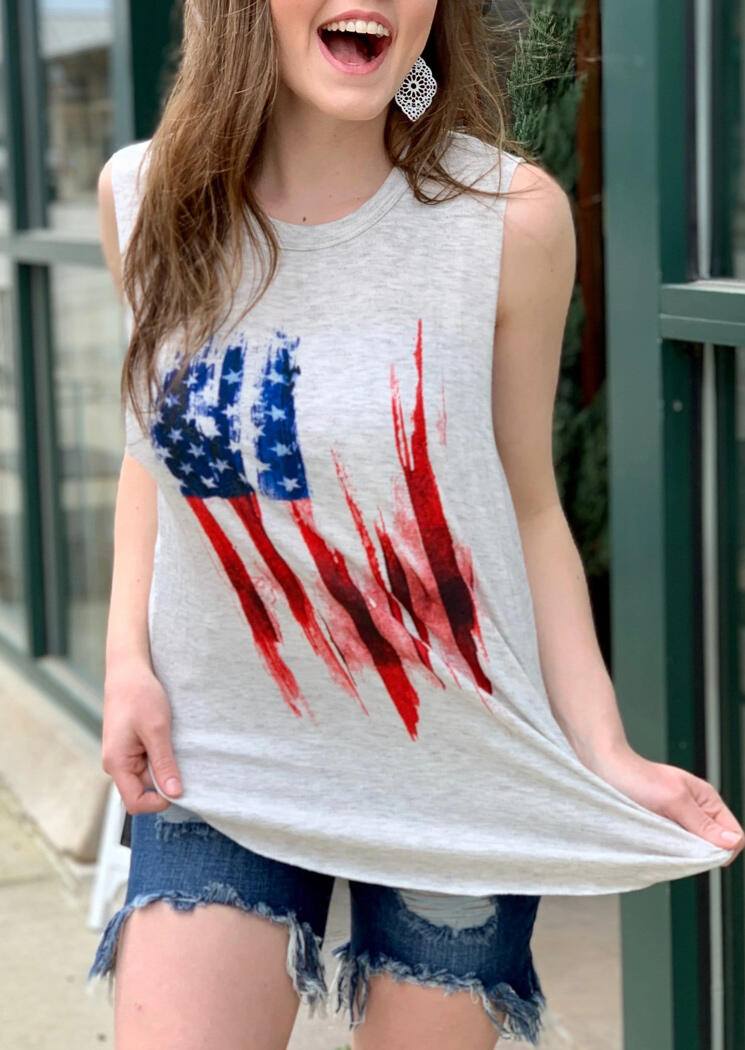 

Tank Tops American Flag Star Casual Tank - Light Grey. Size