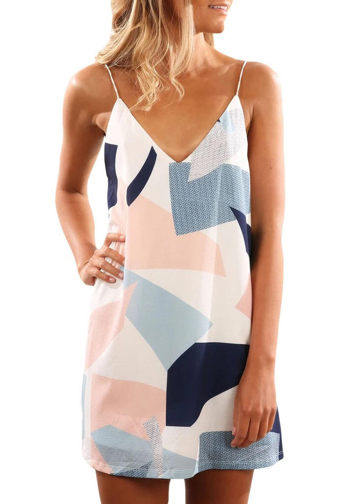 

Geometric Spaghetti Strap V-Neck Mini Dress, Multicolor, 470479