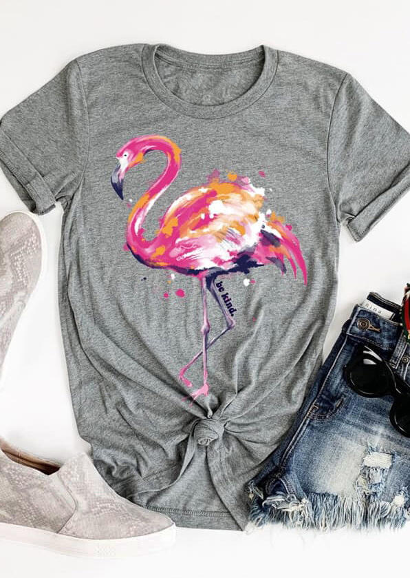 

Flamingo O-Neck T-Shirt Tee - Gray, 470493