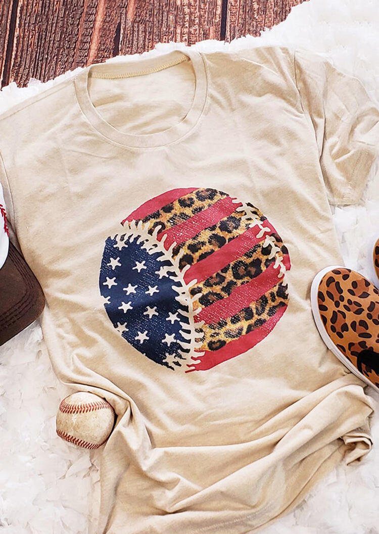 

Leopard American Flag Star Baseball T-Shirt Tee - Flesh, 470551