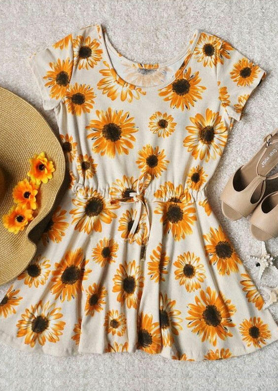 

Presale - Sunflower Drawstring Tie O-Neck Mini Dress - Beige, 469896