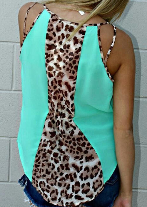 Leopard Color Block Splicing Camisole without Necklace - Light Green