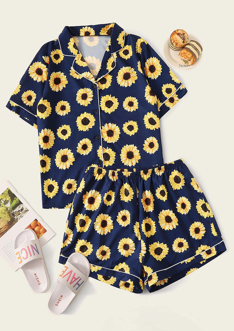 

Sunflower Shirt And Shorts Pajamas Set - Navy Blue, 470256