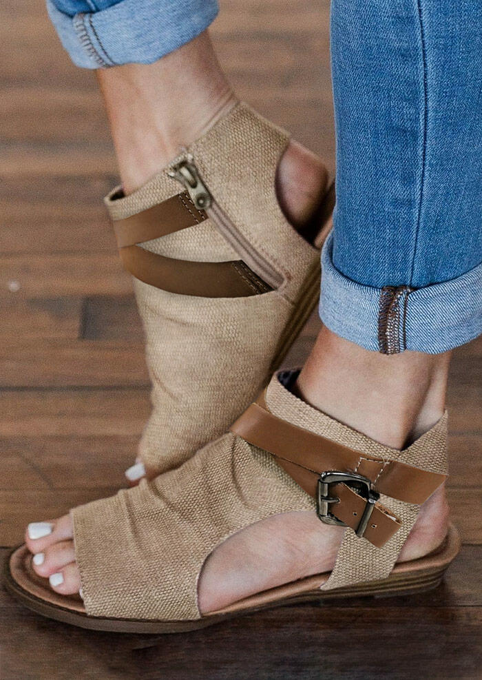

Ruffled Buckle Strap Zipper Sandals - Light Khaki, 470630