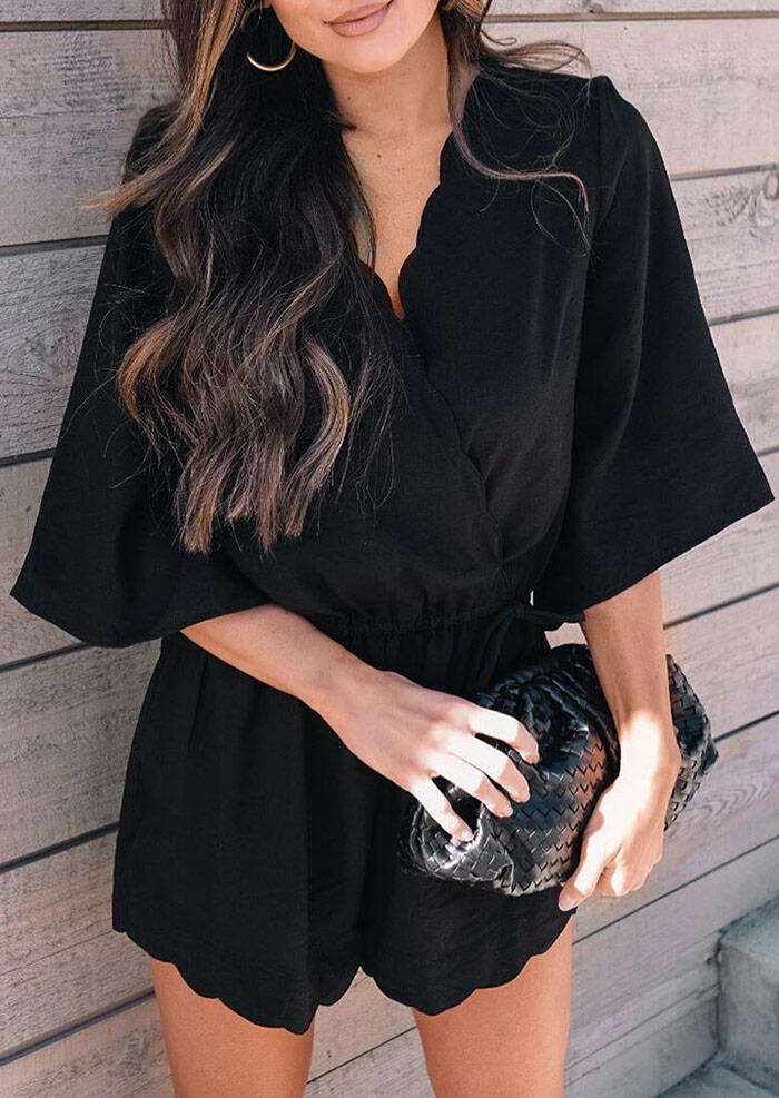 

Jumpsuits & Rompers Drawstring Ruffled V-Neck Romper without Necklace in Black. Size
