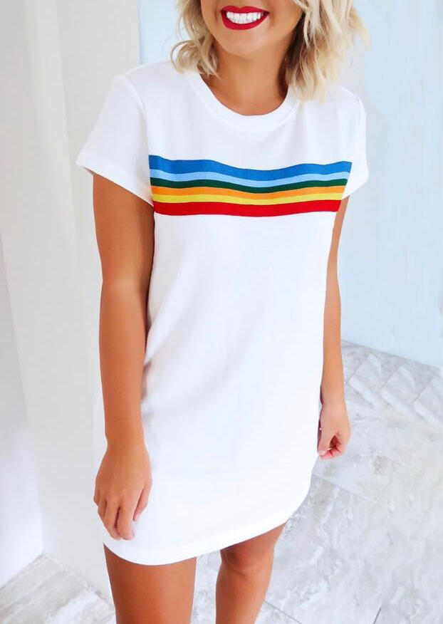 

Mini Dresses Colorful Striped O-Neck Mini Dress in White. Size: ,XL