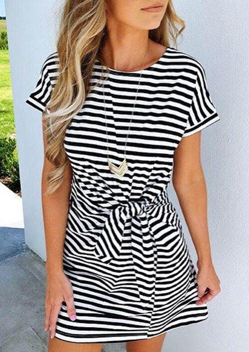 

Striped Pocket Tie Mini Dress without Necklace, Stripe, 470735