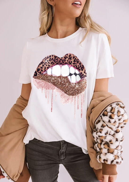 

Leopard Lips O-Neck T-Shirt Tee - White, 470287