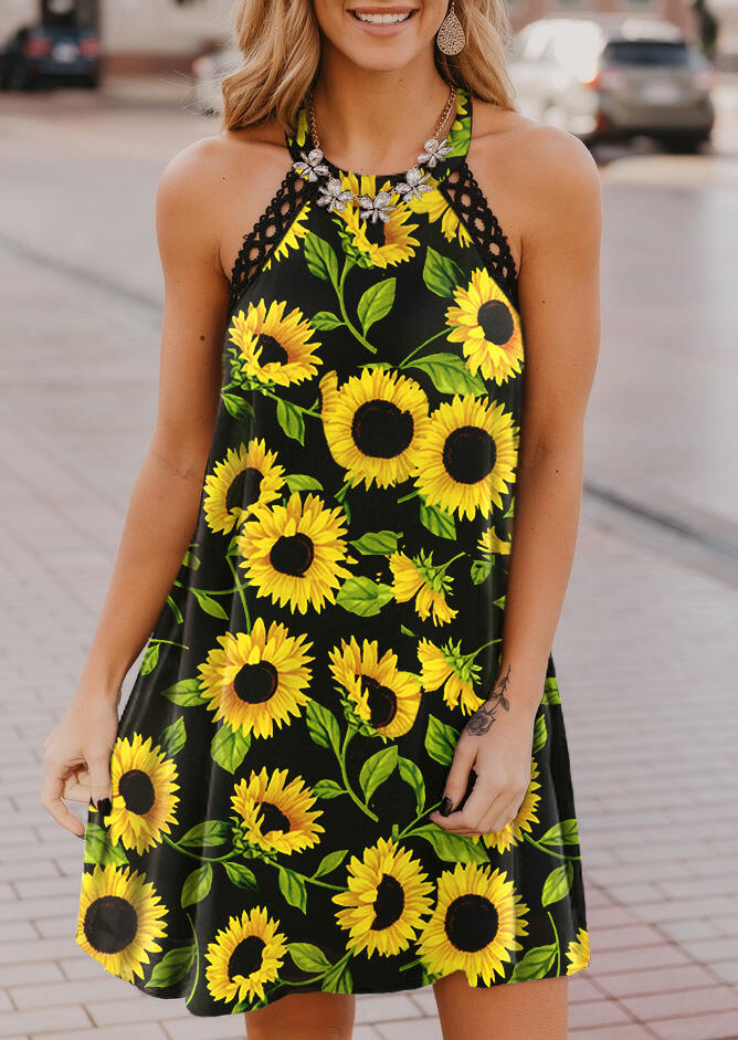 

Mini Dresses Sunflower Lace Splicing Open Back Halter Mini Dress in Black. Size