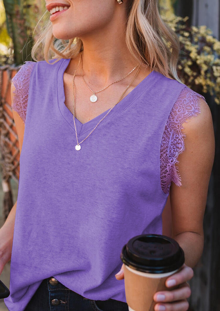 

Lace Splicing V-Neck Tank without Necklace - Purple, 470686