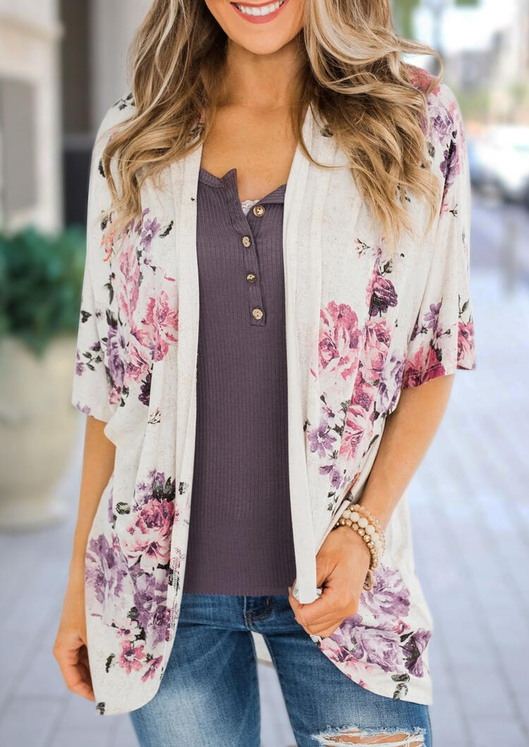 

Cardigans Floral Ruffled Batwing Sleeve Cardigan without Necklace in White. Size