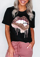 Summer Outfits Women Leopard Lips O-Neck T-Shirt Tee
