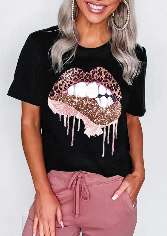 Leopard Lips O-Neck T-Shirt Tee - Black