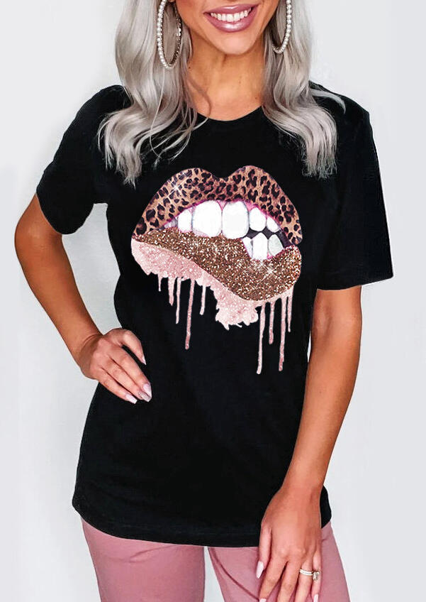 Black Leopard Lips O-Neck T-Shirt for Women in Black. Size: 3XL,S