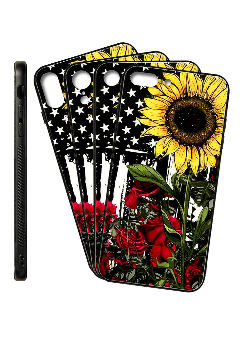 

American Flag, Sunflower and Rose Iphone XR / Iphone XS Max / Iphone 8 / Iphone 8 Silicone Protective Phone Case in Multicolor. Size: iPhone 8 Plus