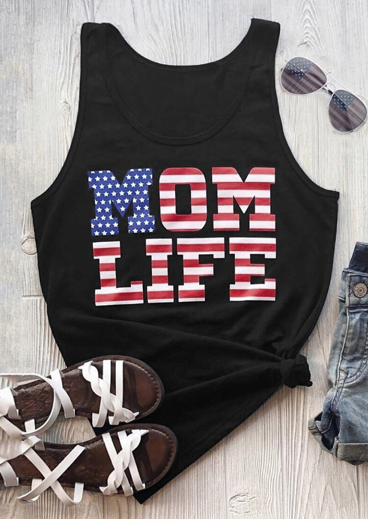 

Tank Tops American Flag Star Mom Life Tank in Black. Size
