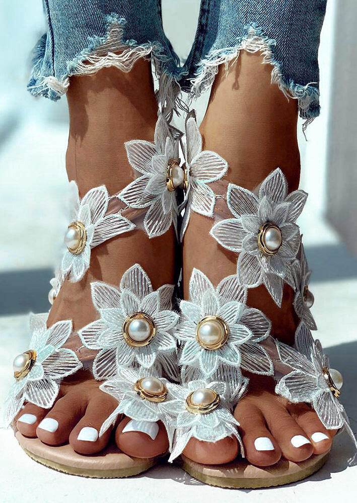 

Summer Sunflower Pearl Slip On Flat Sandals, White, 470619