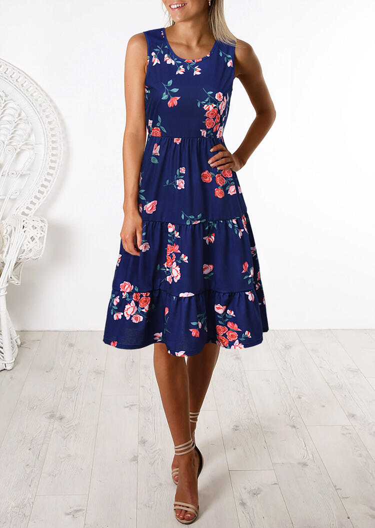 

Casual Dresses Floral Ruffled Sleeveless Casual Dress - Deep Blue. Size