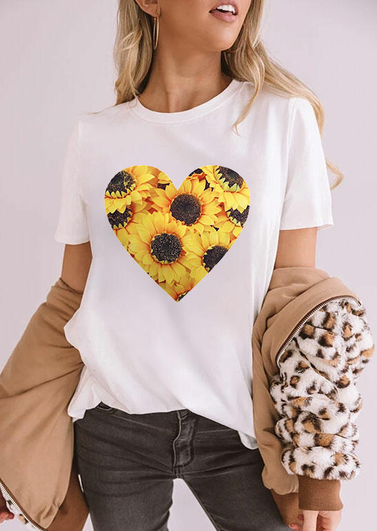 

Tees T-shirts Sunflower Heart O-Neck T-Shirt Tee in White. Size: S