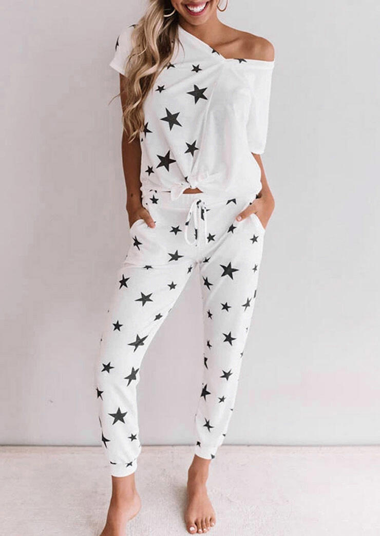 

Sleepwear Star Splicing Tie Blouse and Pocket Pants Sleepwear Set in White. Size