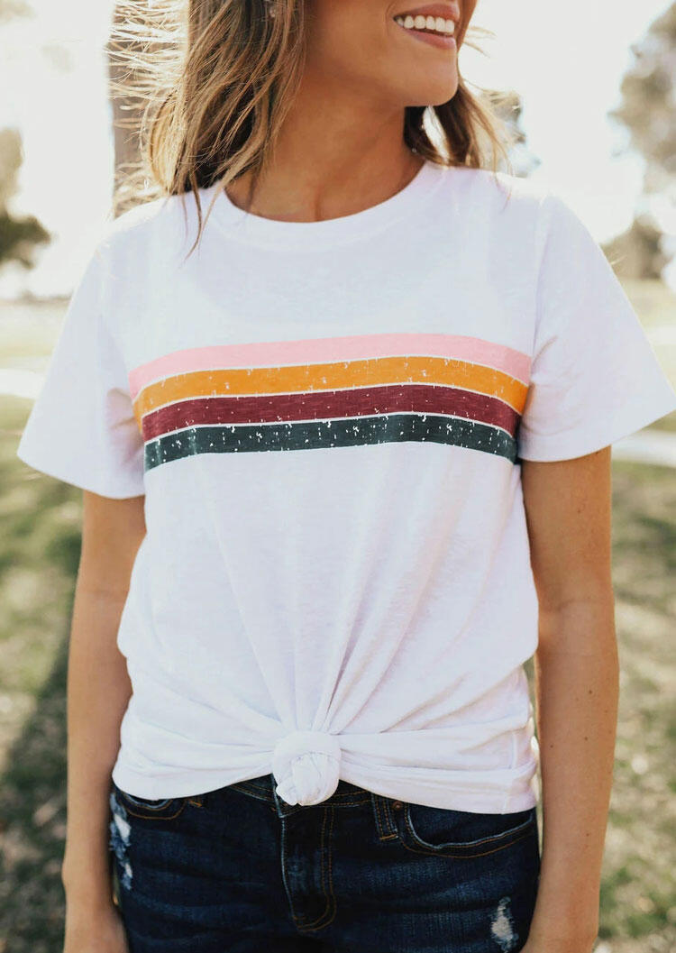 

Striped Splicing O-Neck T-Shirt Tee - White, 470917