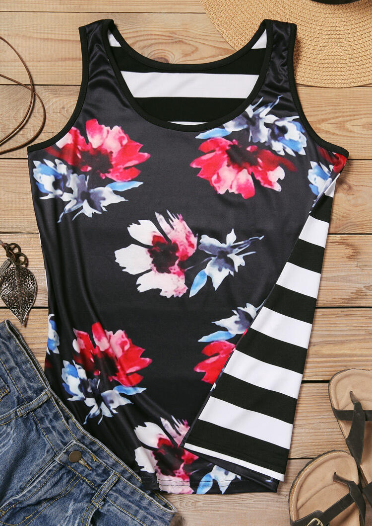 

Tank Tops Floral Striped Splicing O-Neck Tank - Black. Size
