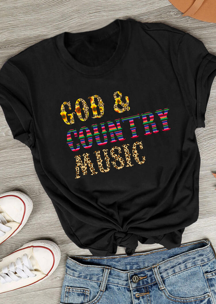 

Tees T-shirts Leopard Sunflower God & Country Music T-Shirt Tee in Black. Size