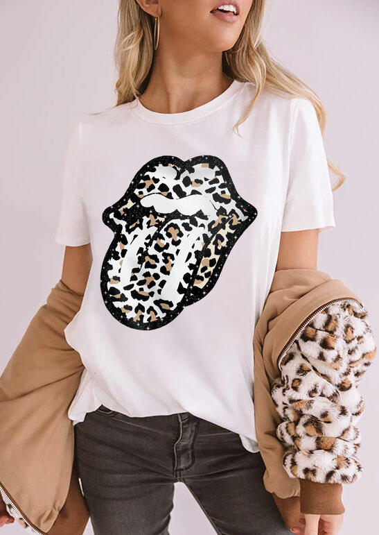 

Tees T-shirts Leopard Lips O-Neck T-Shirt Tee in White. Size: ,XL