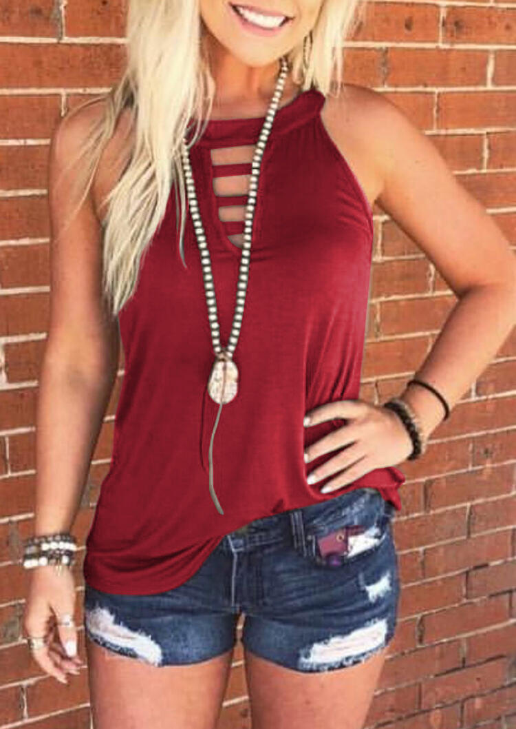 Hollow Out Keyhole Neck Tank without Necklace - Burgundy