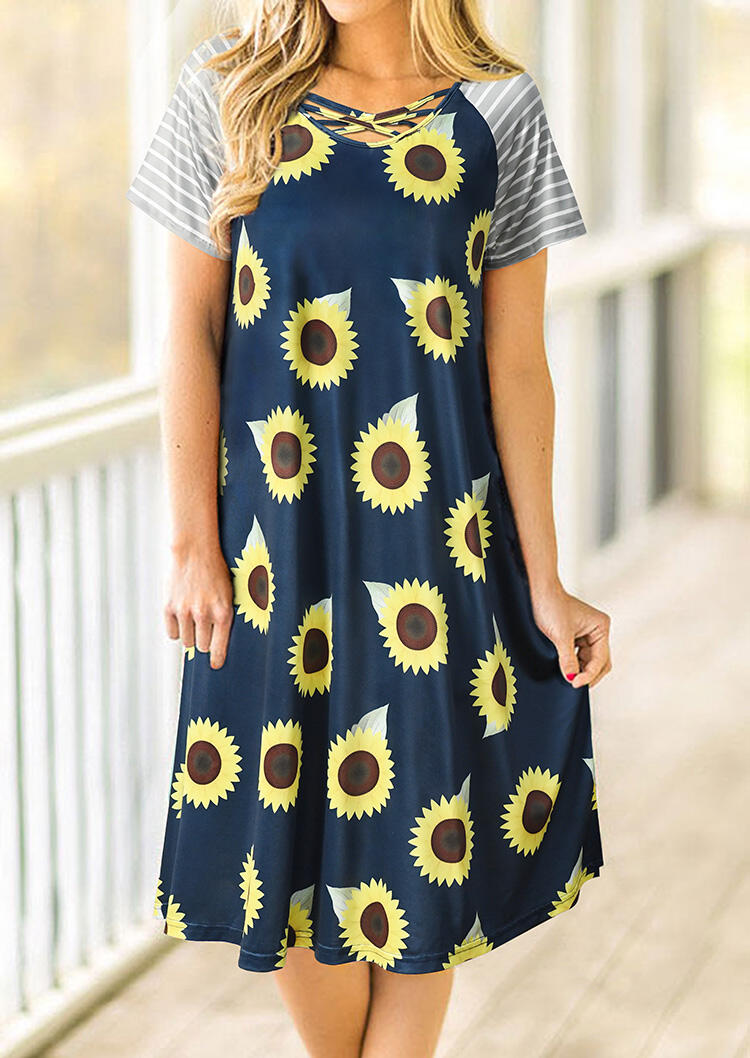 

Sunflower Striped Criss-Cross Casual Dress - Navy Blue, 469827