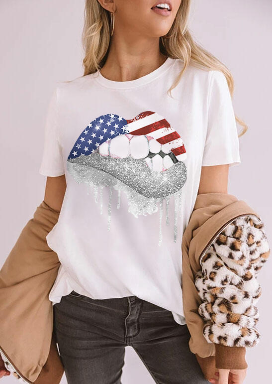 

American Flag Star Lips T-Shirt Tee - White, 470991