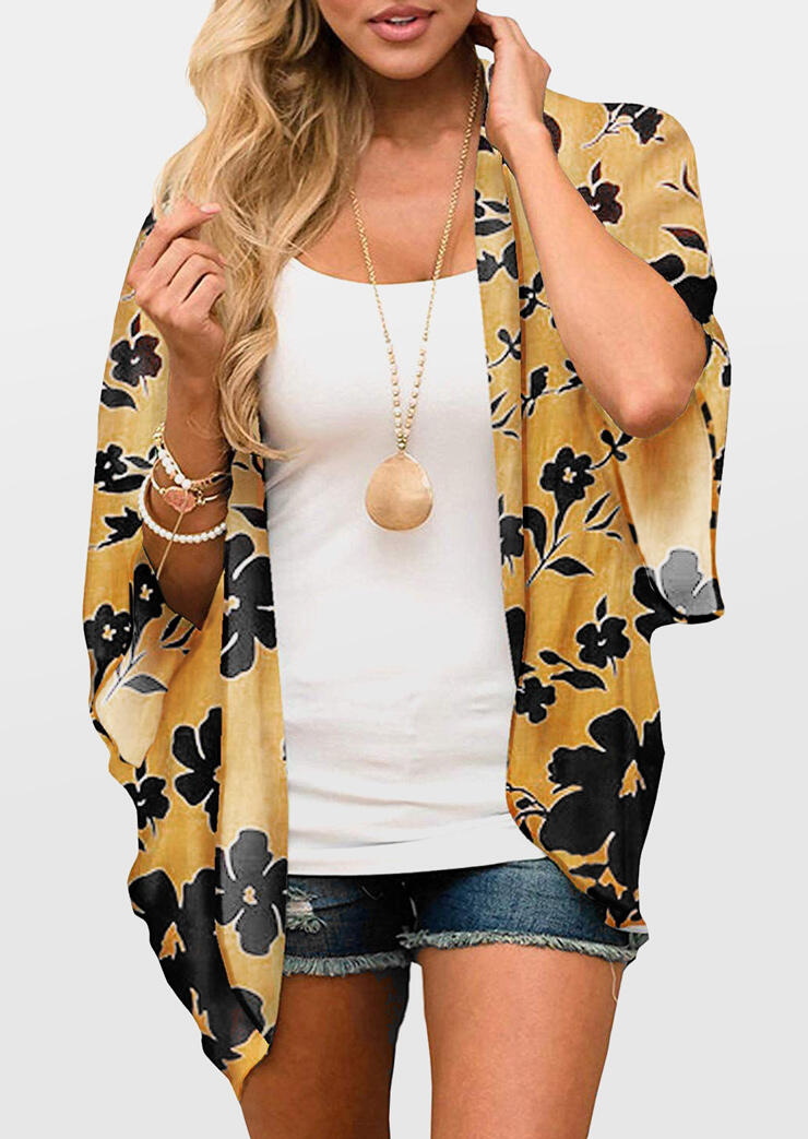 

Cardigans Floral Batwing Sleeve Cardigan without Necklace in Yellow. Size: S