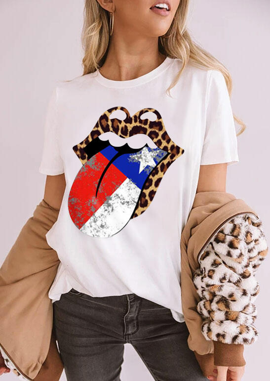 

American Independence Day Flag Star Leopard Lips T-Shirt Tee - White, 471073
