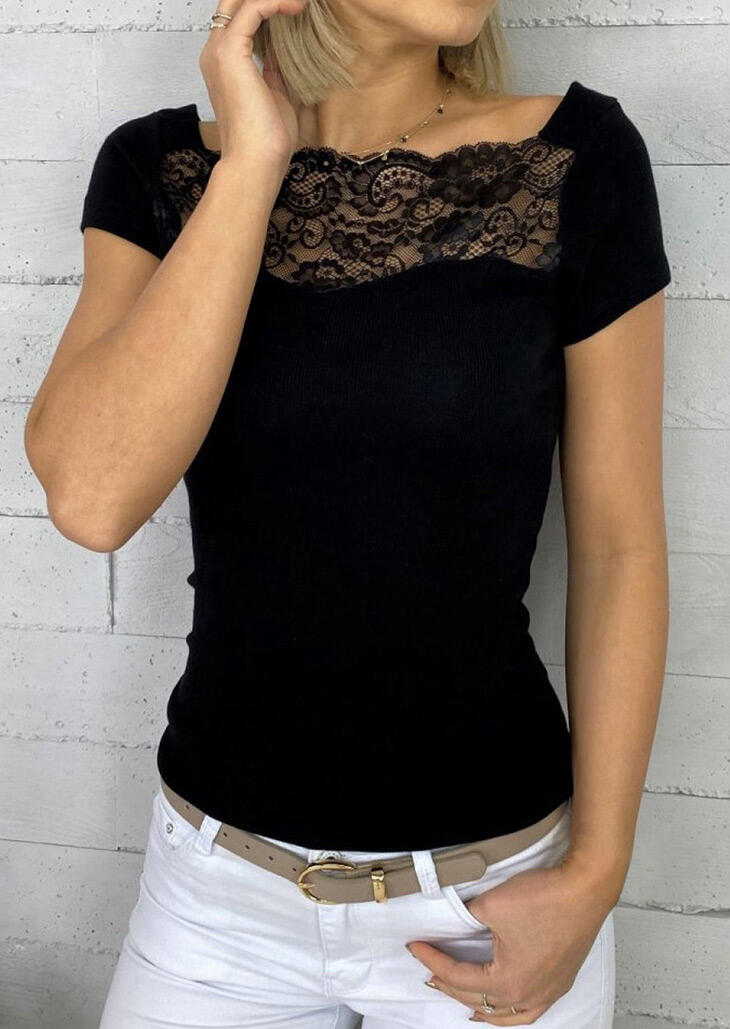 

Blouses Lace Splicing Short Sleeve Blouse without Necklace - Black. Size