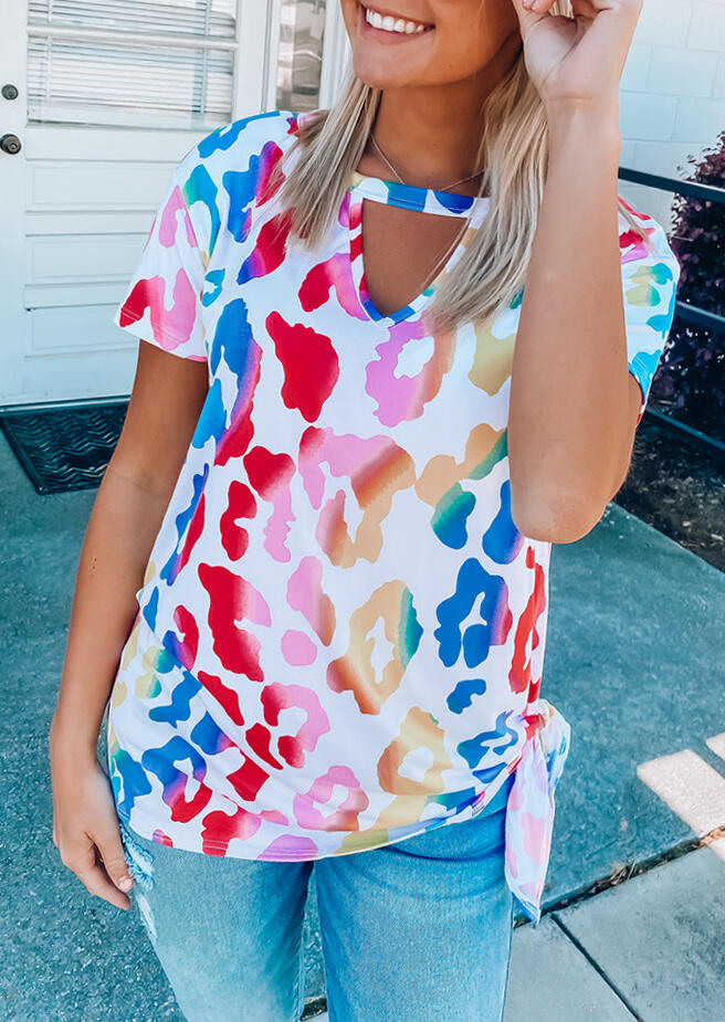 

Color Block Leopard Tie Hollow Out Blouse, Multicolor, 471157