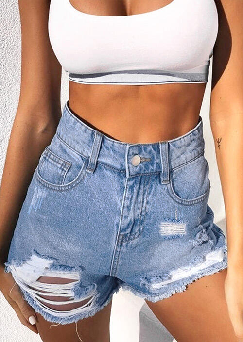 

Shorts Ripped Hole High Waist Denim Shorts in LightBlue. Size: ,M