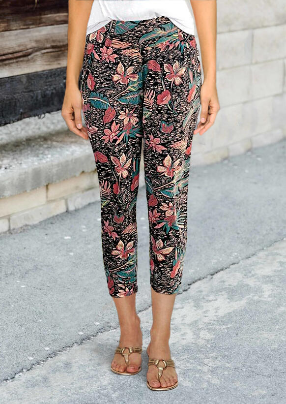 

Pants Floral Mid Waist Elastic Pants in Multicolor. Size