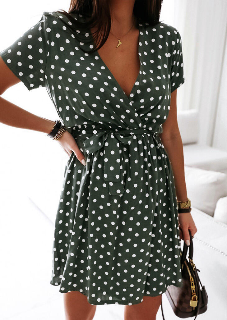 

Mini Dresses Polka Dot Wrapped V-Neck Mini Dress without Necklace in Green. Size