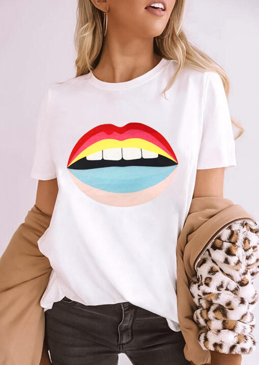 

Lips O-Neck T-Shirt Tee - White, 471189