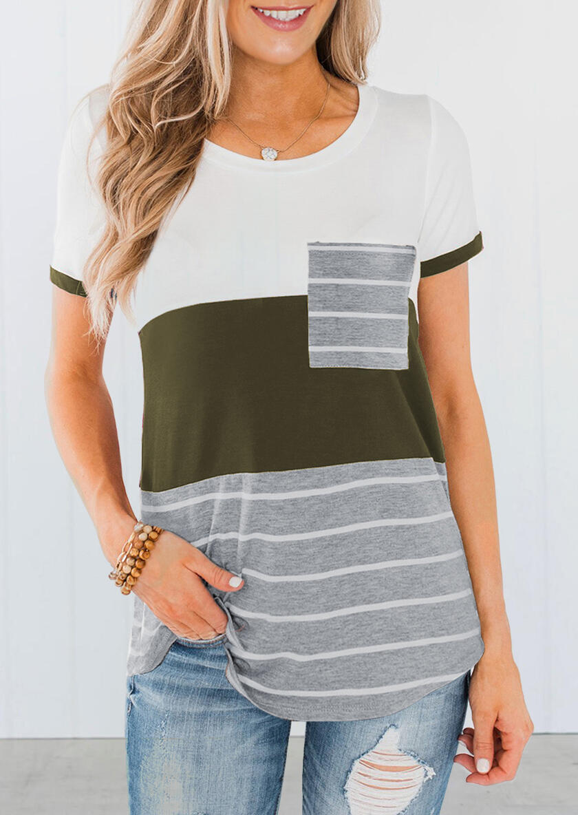 

Tees T-shirts Striped Pocket Color Block T-Shirt Tee without Necklace in Army Green. Size