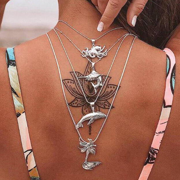 

Necklaces Mermaid Shark Octopus Dolphin Multi-Layered Necklace. Size, Silver