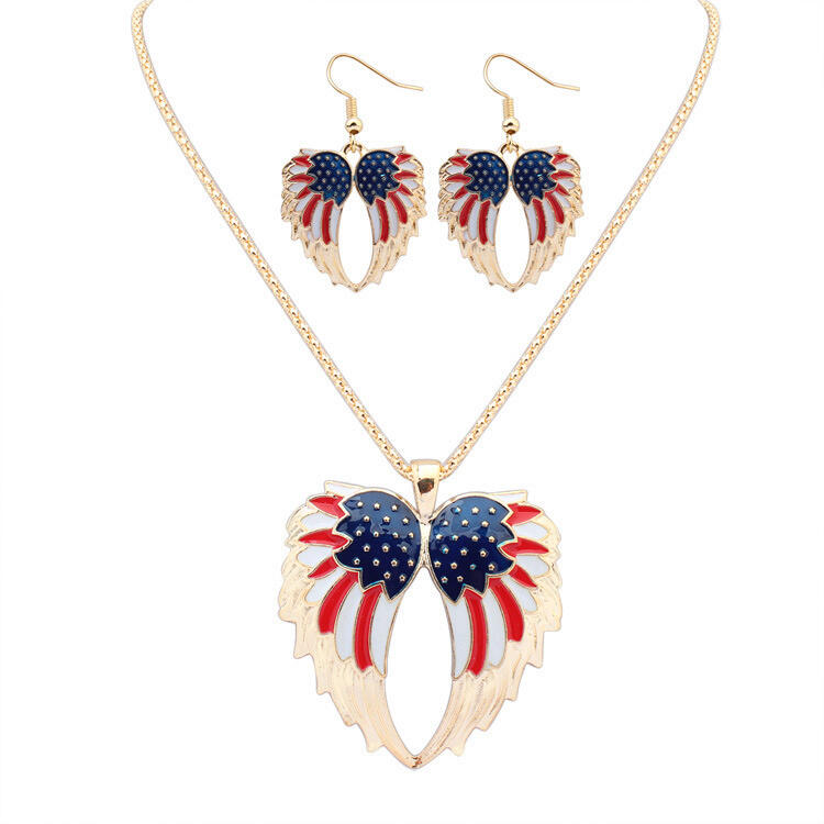 

Jewelry 3Pcs American Flag Wing Heart Necklace and Earrings Set. Size, Gold