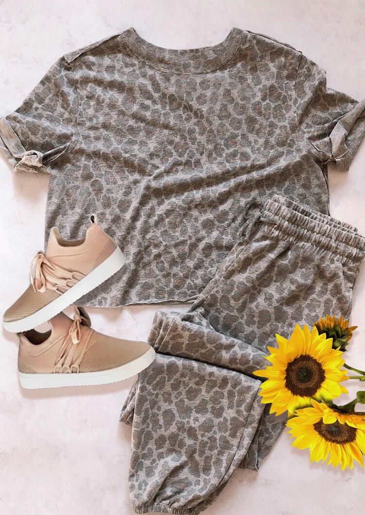 

Two-Piece Sets Leopard O-Neck T-Shirt Tee And Tie Drawstring Leggings Set in Leopard. Size